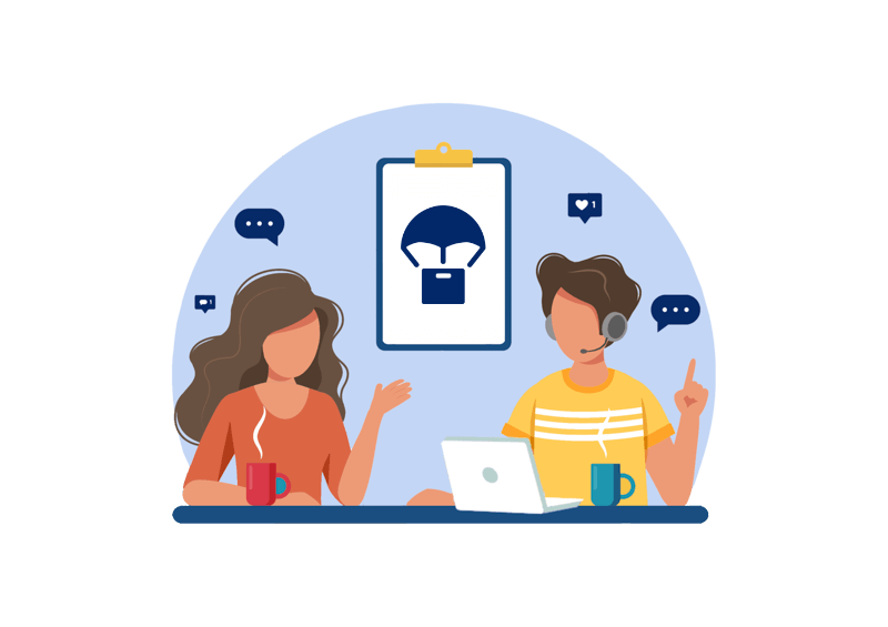 Mężczyzna i Kobieta rozmawiają o dropshippingu. Przed oboma stoją kubki z parujacymi napojami. Przed mężczyzną stoi otwarty laptop.