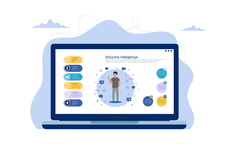 Laptop z grafiką na której znajdują się dymki z zaletami sztucznej inteligencji. Na środku jest obrazek machającego ręką mężczyzny, otoczonego ikonkami powiadomień i serduszek.
