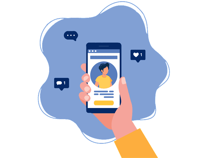 Ręka trzymająca smartfona z wyświetloną aplikacją. Na ekranie widoczny jest mężczyzna ubrany w żółtą koszulkę, a pod jego zdjęciem, widnieje krótki opis i żółty przycisk.