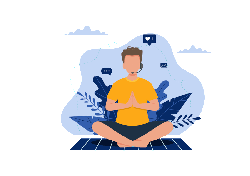 Mężczyzna siedzi po turecku medytując. Na jego głowie są słuchawki, a zza niego wystają różne liście.